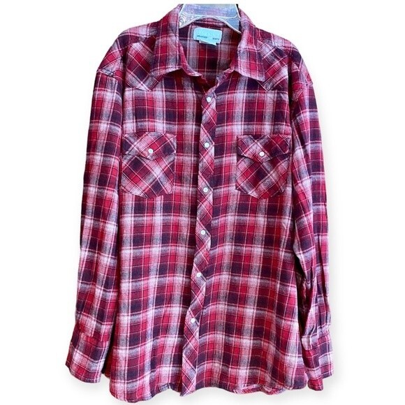 Wrangler Wrancher Shirts Men’s flannel shirt red white plaid Pearl snaps XXL - Picture 1 of 10